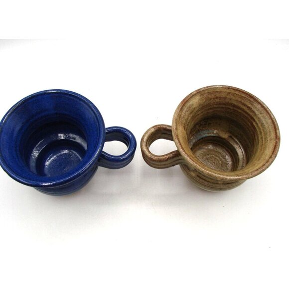 Two Vintage Stoneware Mugs Cups Blue Brown Wide Mouth Reverse Handle Artist Sign - Picture 4 of 14